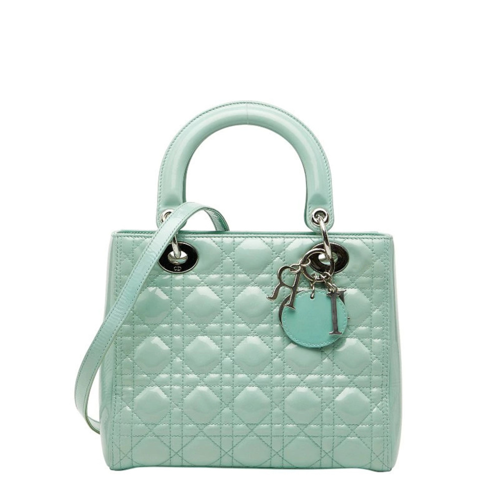 Christian Dior Cannage Lady Handbag Shoulder Bag Green Patent Vernis Leather